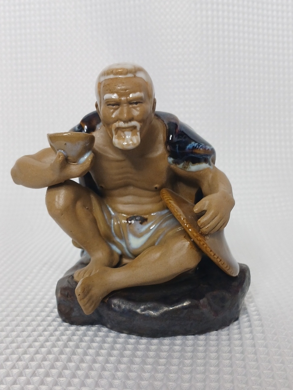 Vintage Chinese Shiwan Mudman Ceramic Figurine Seated Farmer with Bowl & Hat
